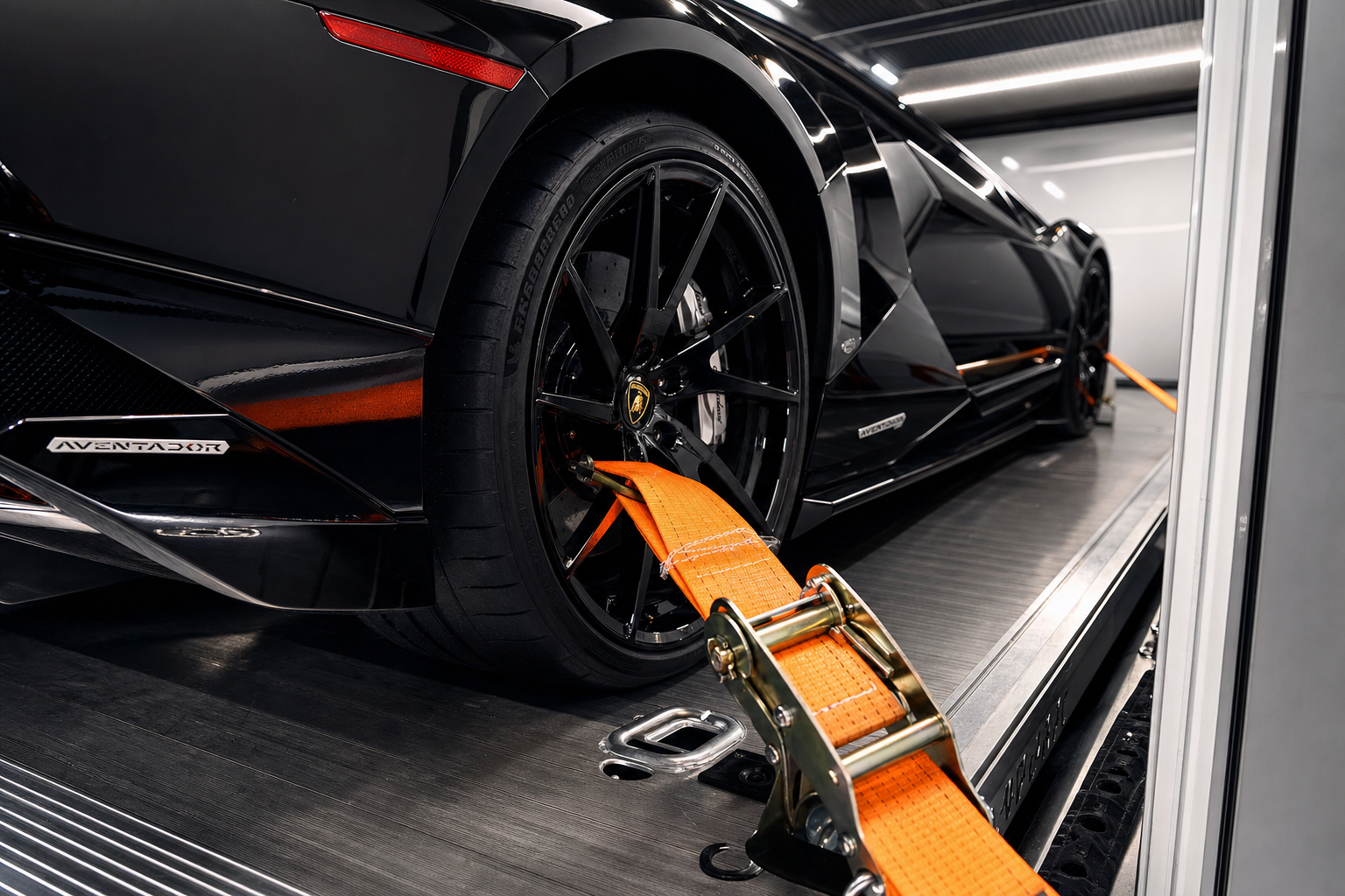 Black Lamborghini secured to an enclosed transport trailer with orange ratchet straps.